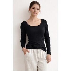 Intimately Free People Black Smocked Long Sleeve Top M/L Stretch Fitted Made USA